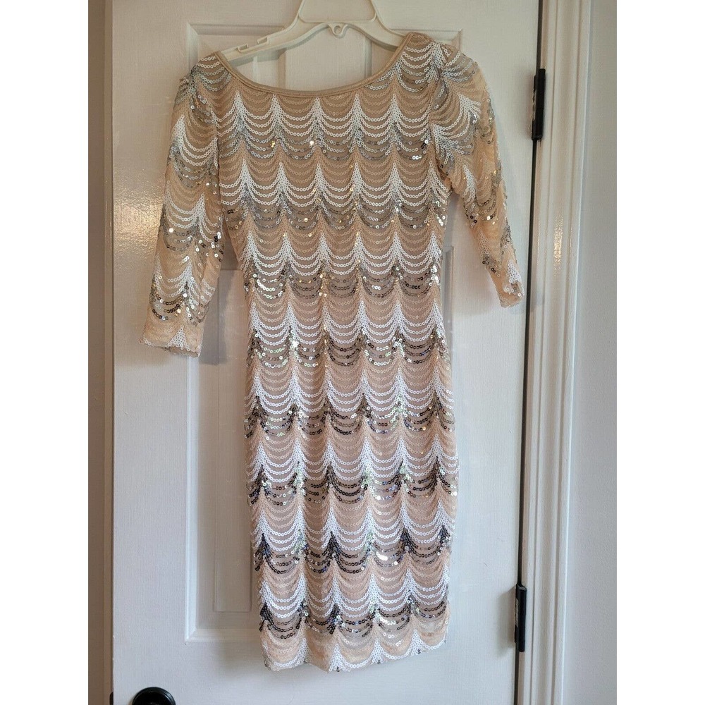 Shiny Sequined Dress junior M Bege and ivory ,silver gold 3/4sleeves